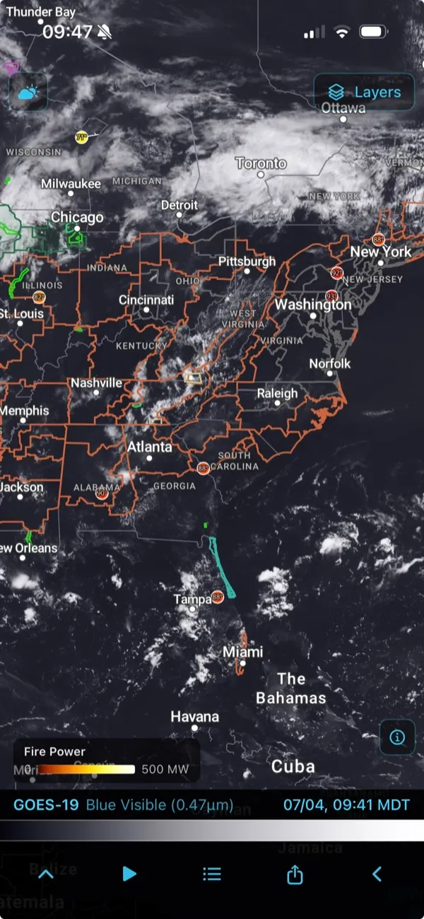 GOES satellite imagery with fire detection overlay