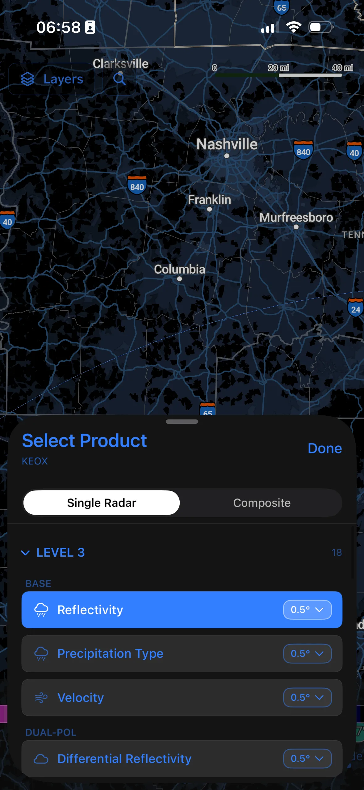 Settings panel with theme and layer options